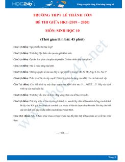Đề thi giữa HK1 môn Sinh lớp 10 năm 2019-2020 - Trường THPT Lê Thánh Tôn có đáp án