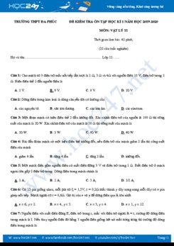 Đề kiểm tra ôn tập HK1 môn Vật lý 11 năm 2019-2020 trường THPT Đa Phúc có đáp án
