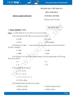 Đề kiểm tra 1 tiết HK1 môn Sinh lớp 9 năm 2019-2020 - Phòng GD&ĐT Bình Sơn có đáp án