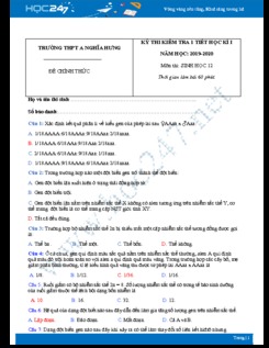 Đề kiểm tra 1 tiết HK1 môn Sinh học lớp 12 năm 2019-2020 - Trường THPT A Nghĩa Hưng có đáp án