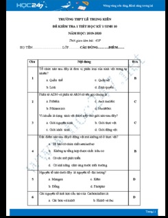 Đê kiểm tra 1 tiết HK1 môn Sinh 10 - Trường THPT Lê Trung Kiên năm 2019-2020 có đáp án