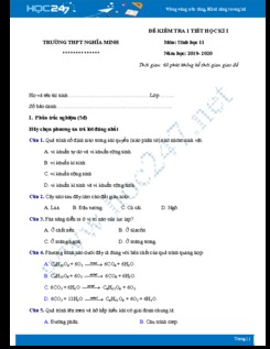 Đê kiểm tra 1 tiết HK1 môn Sinh 11 - Trường THPT Nghĩa Minh năm 2019-2020 có đáp án