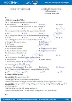 Bộ 4 đề kiểm tra chương 1 môn Hóa học 10 năm 2019 - 2020 Trường THPT Hương Khê