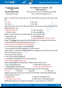 Đề thi HK1 môn Lịch Sử 11 năm học 2019 - 2020 có đáp án