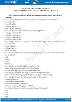 Bộ câu hỏi trắc nghiệm Lịch Sử 12 - Ôn thi giữa HK1 năm 2019 - 2020 Trường THPT Thăng Long