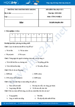 Đề kiểm tra HK1 môn Công Nghệ lớp 6 năm học 2019-2020 trường THCS Huỳnh Thúc Kháng có đáp án