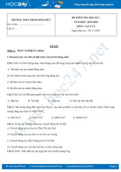 Đề kiểm tra HK1 môn Vật lý 8 năm 2019-2020 trường THCS Trịnh Hoài Đức có đáp án