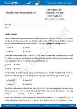 Đề thi Học kì 1 môn Vật lý 11 năm 2019-2020 trường THPT Lương Định Của có đáp án trắc nghiệm