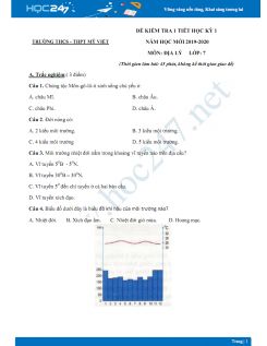 Đề kiểm tra 1 tiết HK1 môn Địa lý 7 năm 2019-2020 - Trường THCS - THPT Mỹ Việt có đáp án