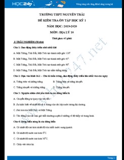 Đề kiểm tra ôn tập HK1 môn Địa lý lớp 10 năm 2019-2020 - Trường THPT Nguyễn Trãi có đáp án