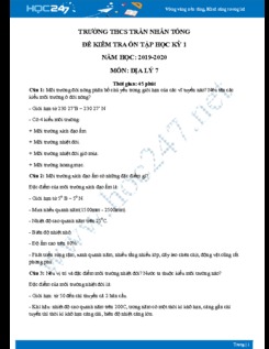 Đề kiểm tra ôn tập HK1 môn Địa lý lớp 7 năm 2019-2020 - Trường THCS Trần Nhân Tông có đáp án