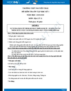 Đề kiểm tra ôn tập HK1 môn Địa lý lớp 11 năm 2019-2020 - Trường THPT Nguyễn Trãi có đáp án
