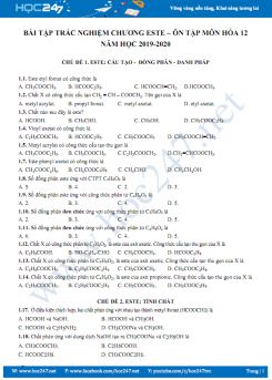 Bài tập trắc nghiệm Chương Este - Ôn tập môn Hóa 12 năm học 2019-2020