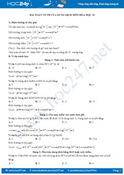 Bài toán về pH của dung dịch môn Hóa học 10 năm 2019-2020
