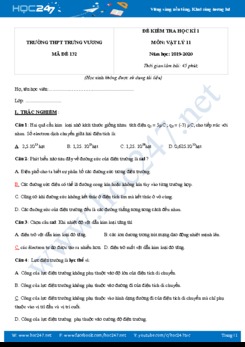 Đề kiểm tra HK1 môn Vật lý 11 năm học 2019-2020 trường THPT Trưng Vương có đáp án trắc nghiệm
