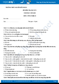 Đề kiểm tra HK1 môn Công Nghệ 10 năm học 2019-2020 trường THPT Nguyễn Hữu Huân