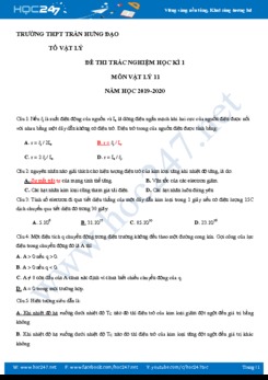 Đề thi trắc nghiệm HK1 môn Vật lý 11 năm 2019-2020 trường THPT Trần Hưng Đạo có đáp án