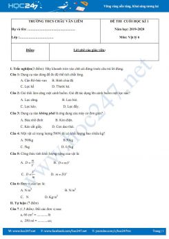Đề kiểm tra HK1 môn Vật lý lớp 6 năm học 2019-2020 trường THCS Châu Văn Liêm có đáp án