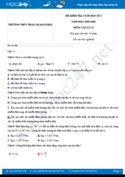 Đề thi Học kì 1 môn Vật lý 11 năm học 2019-2020 trường THPT Trần Quang Khải có đáp án