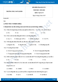 Đề thi Học kì 1 môn Vật lý 9 năm học 2019-2020 trường THCS Ngô Quyền có đáp án