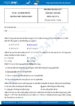 Đề kiểm tra HK1 môn Vật lý 11 năm học 2019-2020 trường THPT Thống Nhất có đáp án