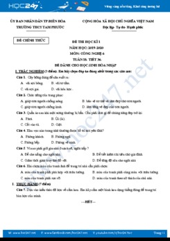 Đề kiểm tra HK1 môn Công Nghệ 6 năm học 2019-2020 trường THCS Tam Phước có đáp án