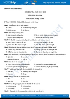 Đề kiểm tra HK1 môn Công Nghệ 6 năm học 2019-2020 trường THCS Bình Phú có đáp án