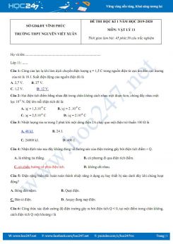 Đề thi và đáp án kiểm tra HK1 môn Vật lý 11 năm 2019-2020 trường THPT Nguyễn Viết Xuân