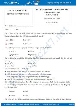 Đề thi khảo sát chất lượng HK1 môn Vật lý 11 năm 2019-2020 có đáp án trường THPT Nguyễn Siêu
