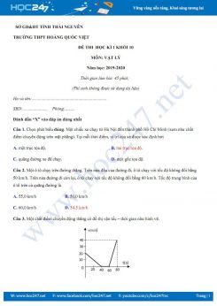 Đề thi và đáp án kiểm tra HK1 môn Vật lý 10 năm 2019-2020 trường THPT Hoàng Quốc Việt