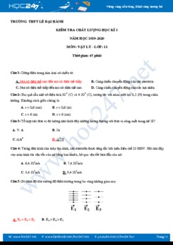 Đề kiểm tra chất lượng HK1 môn Vật lý 11 năm 2019-2020 trường THPT Lê Đại Hành có đáp án