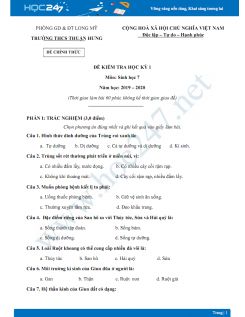 Đề kiểm tra HK1 môn Sinh học 7 năm 2019-2020 - Trường THCS Thuận Hưng có đáp án