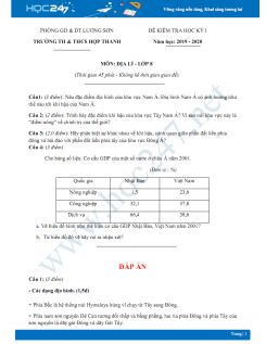 Đề kiểm tra HK1 môn Địa lý 8 năm 2019-2020 - Trường TH&THCS Hợp Thanh có đáp án