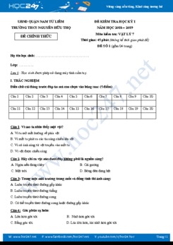 Đề kiểm tra HK1 môn Vật lý 7 năm học 2019-2020 có đáp án trường THCS Nguyễn Hữu Thọ