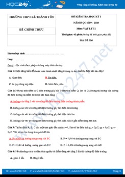 Đề kiểm tra HK1 môn Vật lý 11 năm học 2019-2020 có đáp án trường THPT Lê Thánh Tôn