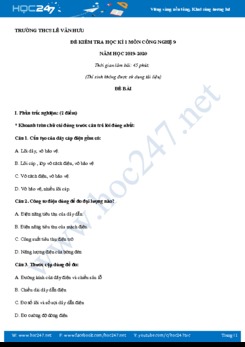 Đề kiểm tra HK1 môn Công Nghệ 9 năm học 2019-2020 trường THCS Lê Văn Hưu có đáp án