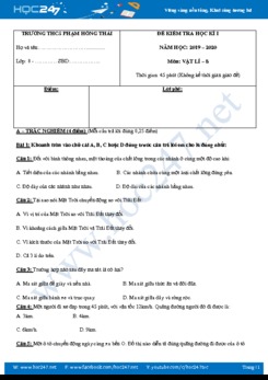 Đề thi HK1 môn Vật lý 8 năm học 2019-2020 có đáp án trường THCS Phạm Hồng Thái