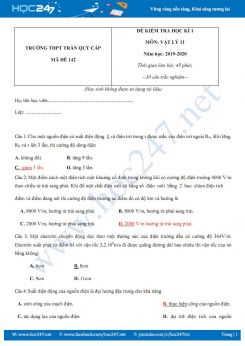 Đề thi trắc nghiệm HK1 môn Vật lý 11 năm 2019-2020 trường THPT Trần Quý Cáp có đáp án