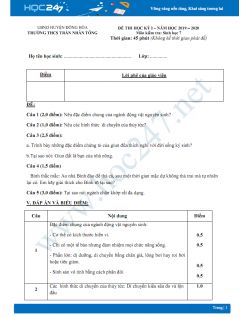Đề thi HK1 môn Sinh học 7 năm 2019-2020 - Trường THCS Trần Nhân Tông có đáp án