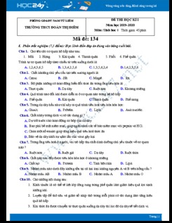 Đề thi HK1 môn Sinh học 8 năm 2019-2020 - Trường THCS Đoàn Thị Điểm có đáp án