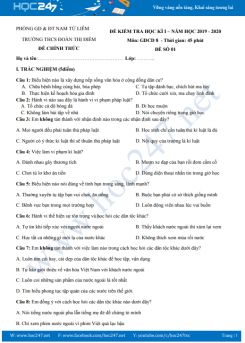 Đề thi HK1 môn GDCD 8 năm học 2019 - 2020 Trường THCS Đoàn Thị Điểm