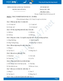 Đề thi HK1 môn Địa lý 8 năm 2019-2020 - Trường THCS Mỹ Hưng có đáp án