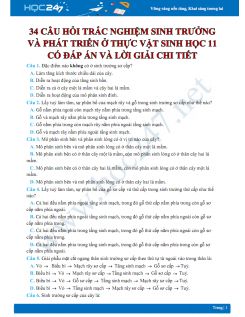 34 Câu hỏi trắc nghiệm sinh trưởng và phát triển ở thực vật Sinh học 11 có đáp án và lời giải chi tiết