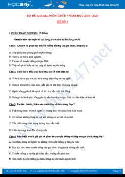 Bộ đề thi HK1 môn GDCD 7 năm học 2019 - 2020 có đáp án