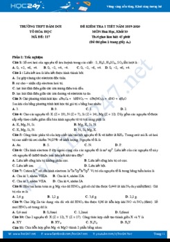 Đề kiểm tra 1 tiết môn Hóa học 10 năm 2019-2020 Trường THPT Đầm Dơi