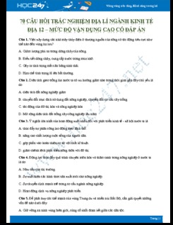 70 Câu hỏi trắc nghiệm Phần Địa lí ngành kinh tế Địa lí 12 - Mức độ vận dụng cao có đáp án