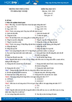 Đề kiểm tra HK1 môn Lịch Sử 8 năm học 2019-2020 Trường THCS Phú Lương