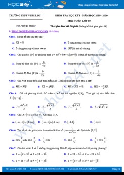 Đề thi HK1 môn Toán 10 năm học 2019 - 2020 có đáp án Trường THPT Vinh Lộc