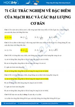 71 câu bài tập trắc nghiệm về Đặc điểm của mạch RLC và các đại lượng cơ bản