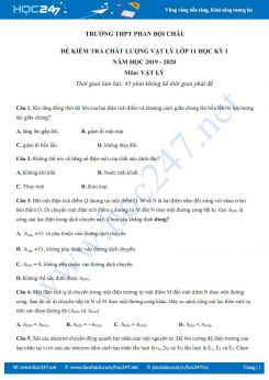 Đề kiểm tra chất lượng Vật Lý lớp 11 HK1 năm học 2019-2020 trường THPT Phan Bội Châu có đáp án
